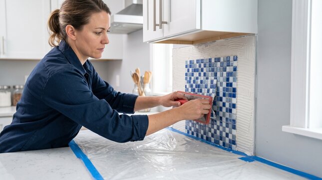 Kitchen mosaic backsplash, worker pressing small tile sheet with rubber float, feature wall renovation detail, stylish craft interior scene