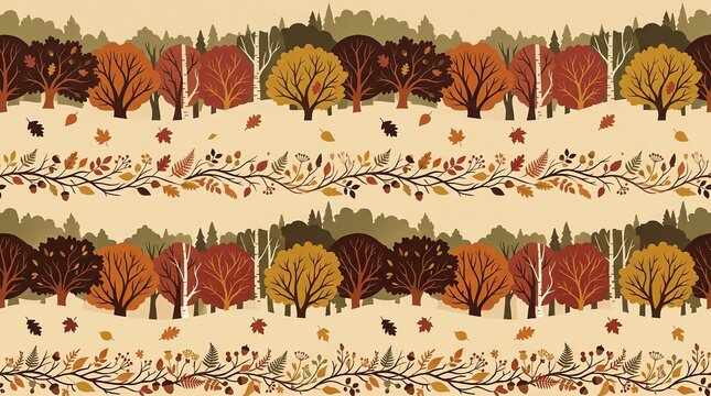 Seamless pattern with autumn forest landscape and fallen leaves in a decorative hand drawn artistic style
