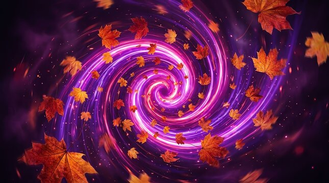 Abstract background featuring a glowing purple neon spiral vortex surrounded by floating autumn maple leaves in motion