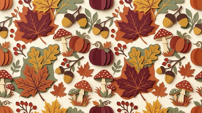 Seamless pattern featuring autumn leaves pumpkins mushrooms and acorns in a cozy hand drawn artistic style