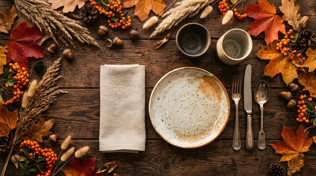 Rustic autumn table setting with empty ceramic plate napkin and silverware on dark weathered wooden background