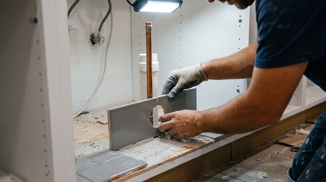 Kitchen pipe tile fitting, worker placing cut floor tile around plumbing, cabinet base installation detail with clean technical geometry