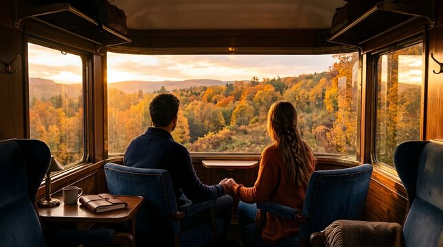 A romantic couple sitting inside a vintage train carriage looking out at a scenic autumn forest landscape