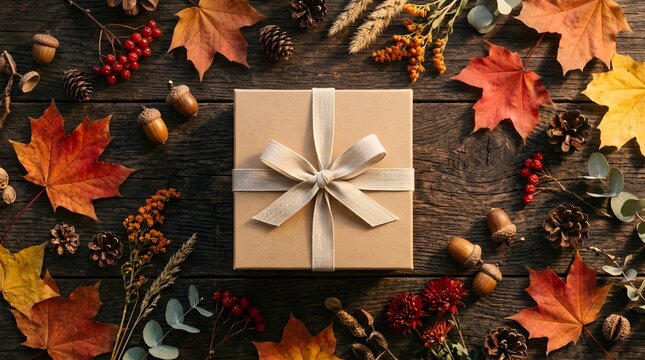 A rustic gift box wrapped in brown paper with a ribbon surrounded by colorful autumn leaves on wood