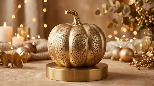Elegant decorative gold pumpkin ornament standing on a pedestal with warm bokeh lights in the background