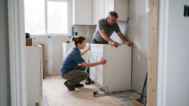 Kitchen cabinet installation, workers positioning lower cabinet box against wall, bright remodeling workspace with exposed floor and copy space
