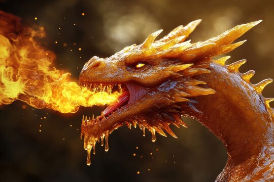 Fantasy dragon head coated in shiny amber syrup breathing hot liquid golden flames