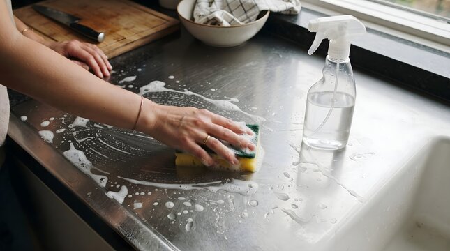 Hands Wiping Kitchen Counter with Sponge and Spray Bottle on Stainless Steel Surface