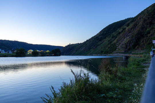 Beilstein village and Moselle River at dusk, Moselle Valley, Germany