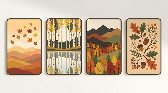 Set of four vertical wall art panels featuring abstract autumn landscapes with trees mountains and fall foliage