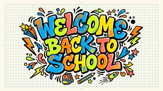 Colorful hand drawn graffiti style welcome back to school lettering on a white grid background design