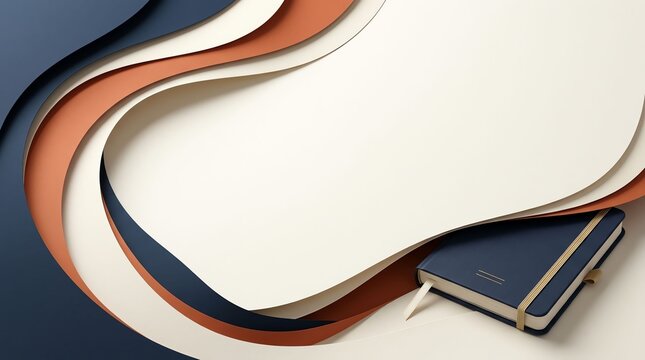 Abstract background with layered wavy paper shapes in blue and orange with a small closed notebook