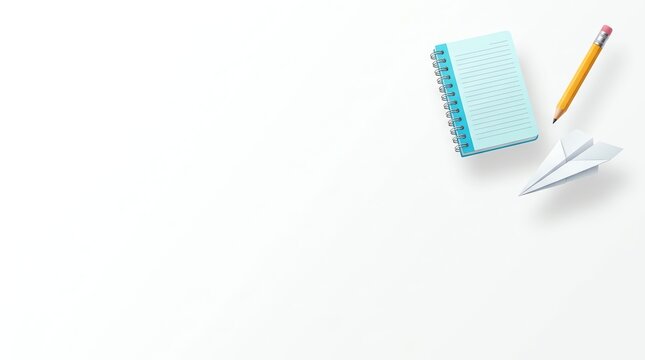 Top view of a small blue spiral notebook with a yellow pencil and paper plane on white