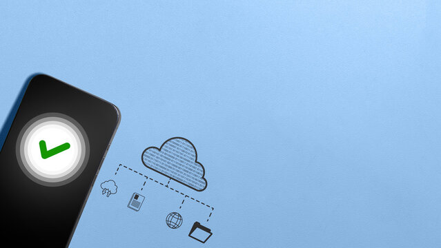 Smartphone displaying a green checkmark next to a cloud storage diagram, symbolizing successful data backup and synchronization on a blue background. Cloud computing network data concept