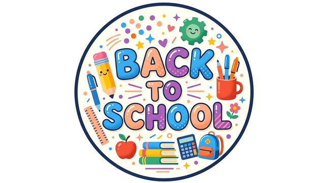 Colorful back to school illustration with educational supplies and stationery items in a decorative oval frame design
