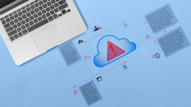 Flat lay of laptop and a cloud icon with a red warning exclamation mark, depicting cloud storage error, security threat, or system outage. Cloud computing network data concept