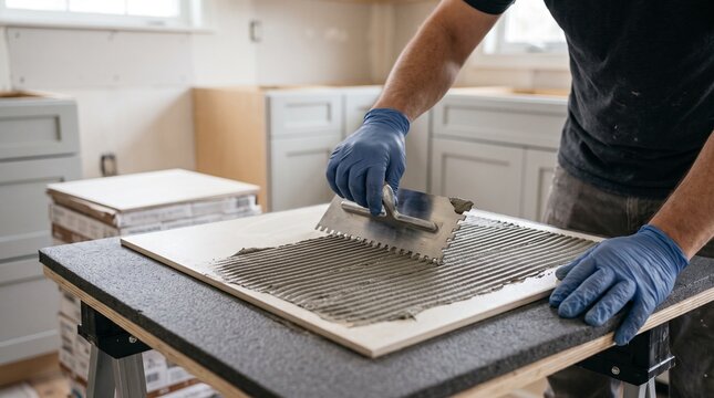 Kitchen tile back buttering, tiler spreading adhesive on rear of large tile, close technical preparation for professional remodeling floor