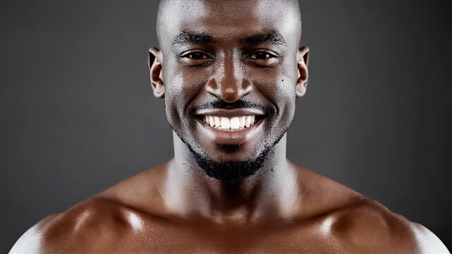 Close-up portrait of cheerful handsome Black man smiling broadly with bare shoulders against dark background