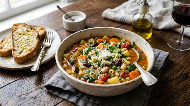 Hearty vegetable soup with bread and wine