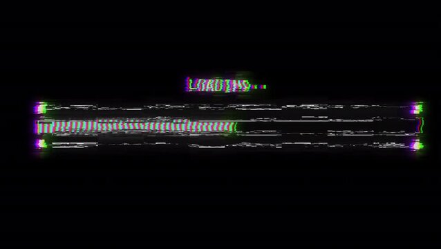 Loading Glitch Progress Bar With RGB Digital Distortion. Futuristic uploading progress bar with digital glitch effect isolated on black background, cyberpunk computer loading interface
