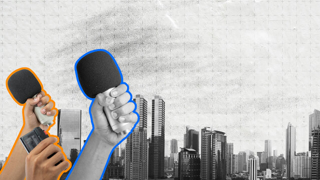 Graphic collage showing hands holding microphones against a black and white textured city skyline, symbolizing urban journalism and street reporting. National Publicist Day Concept