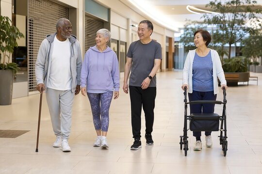 Elders walking together in mall with walking aids and cane for mobility, enjoying autumn outing and exercises while maintaining independence. Community support for active aging and healthy lifestyle.