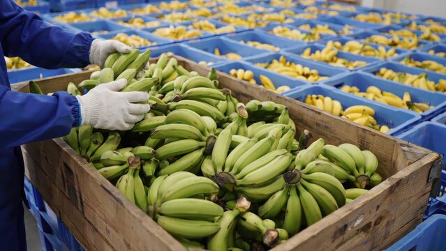 Worker sorting fresh green bananas in a warehouse crate. Food production and agricultural supply chain concept for industrial marketing.