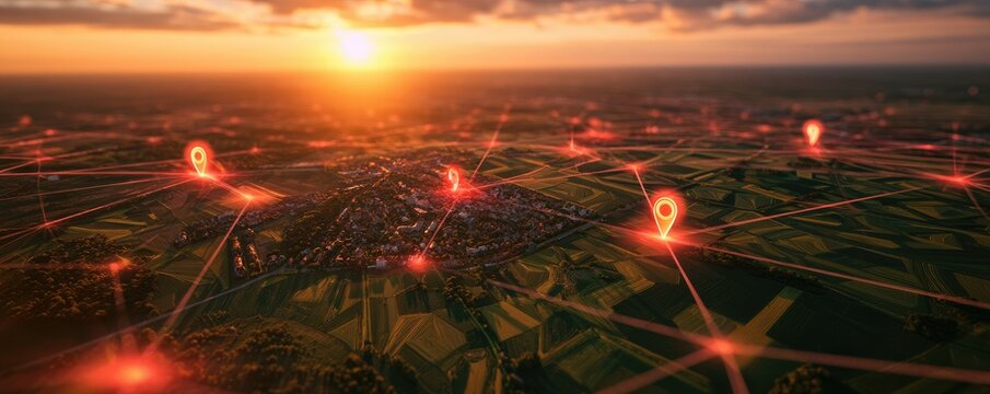 Aerial view of a networked cityscape with glowing location markers at sunset