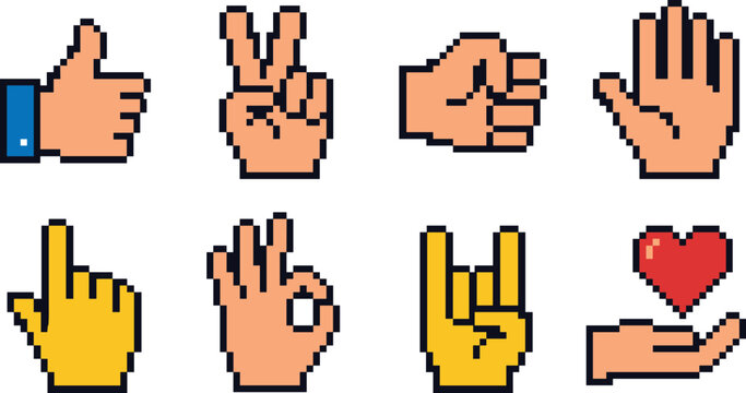 Retro pixel art hand gestures and social media icon set featuring communication and love symbols