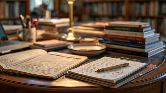 A symbolic still life of a vintage keyword ranking printout, a handwritten SEO checklist, and a child's crayon drawing arranged on a crowded library table, grandparent babysitting