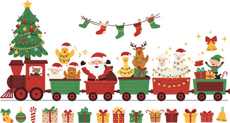 Naklejka premium A festive christmas train carrying santa claus and cute animals with a decorated tree and many colorful wrapped gifts on white background
