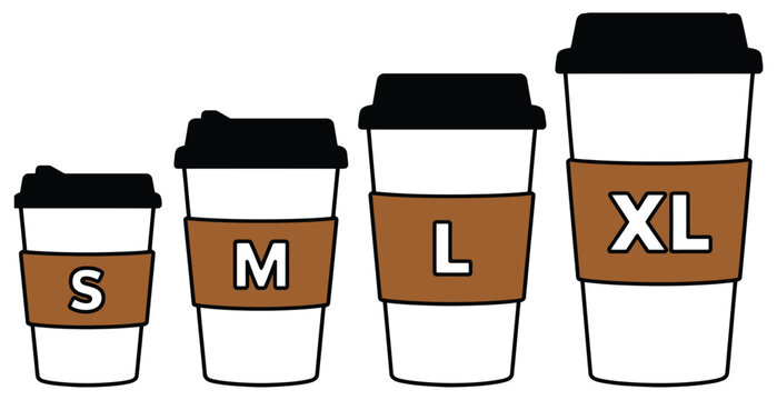 Coffee cup sizes with lids and sleeves showing small medium large and extra large beverage portions in vector illustration