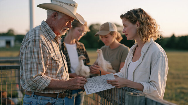 A rural family unit stands at dusk beside a wildlife rehabilitation enclosure on their property, elderly patriarch holding legal end-of-life planning documents while younger