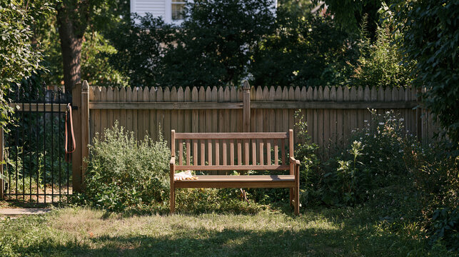 An empty overgrown backyard after a dog walking service visit, leash hooked on a gate, gardening gloves left on a bench beside untended flower beds, senior garden therapy