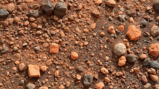 Rugged red volcanic rock surface with sharp textures and dry soil. Use for planetary exploration, geological, or environmental background concepts.
