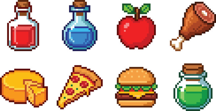 Retro pixel art food, drinks, and potions icon set featuring RPG inventory and gaming symbols