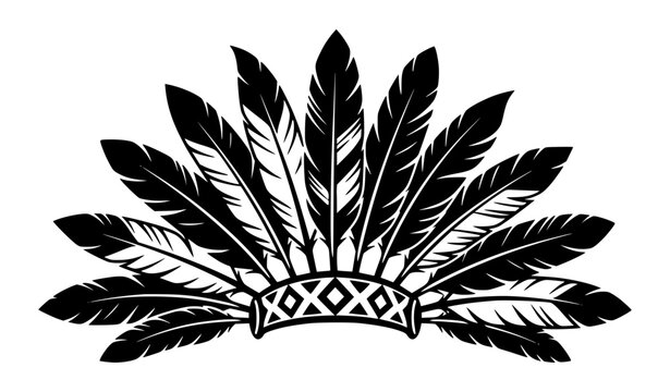 Bold Native American feather war bonnet crown with geometric patterns black and white vector