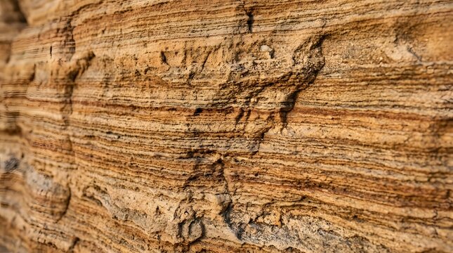 Close-up of natural sandstone rock texture with layered geological strata and rough surface.