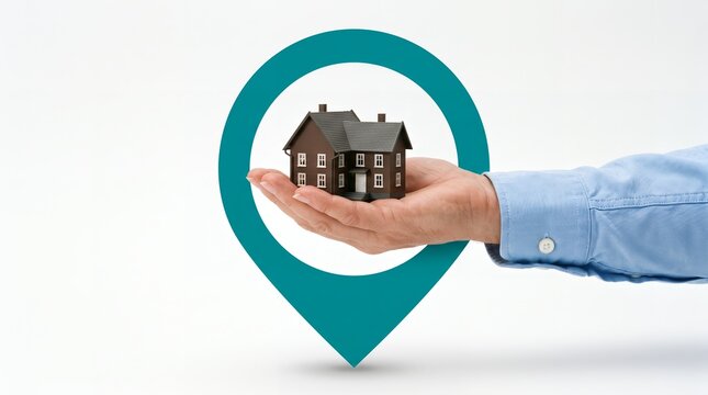 Person holding a miniature house model inside a large turquoise map pin symbol representing real estate location concept and property purchasing decision making process by client