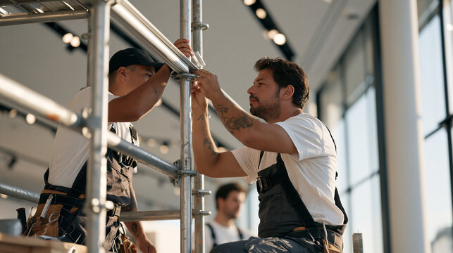 A gutter installation crew on scaffolding inside a luxury minimalist living room set used as a showroom display, diverse team members in harnesses measuring seamless aluminum