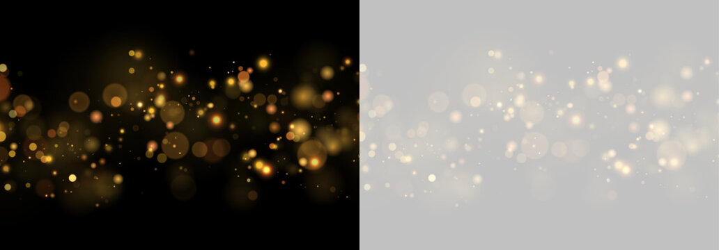 Scattered golden bokeh lights against dark and transparent backgrounds creating a sparkling effect on transparent background