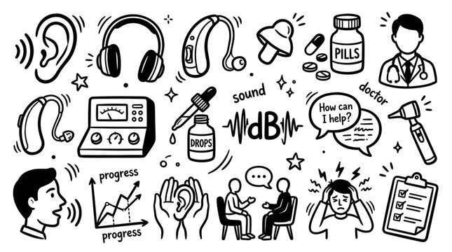 Comprehensive black and white doodle illustration depicting various hearing health and audiology concepts on a clean white background