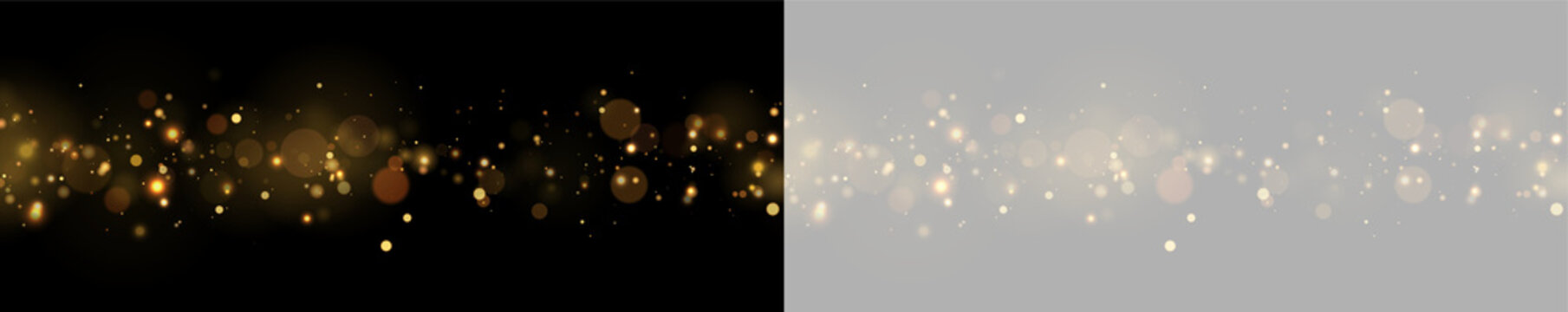 Scattered golden bokeh lights transition from dark to transparent background in horizontal arrangement on transparent background