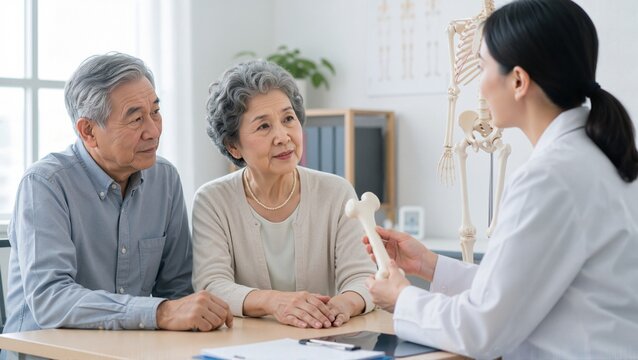 Elderly couple consulting doctor about health with anatomical model in clinic. Consultation includes discussion on mobility, wellness, and rehabilitation for improving quality of life.