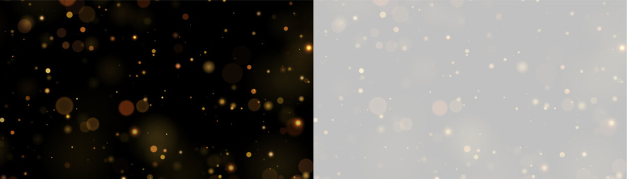 Soft golden bokeh lights with varied sizes scattered across black and transparent backgrounds on transparent background