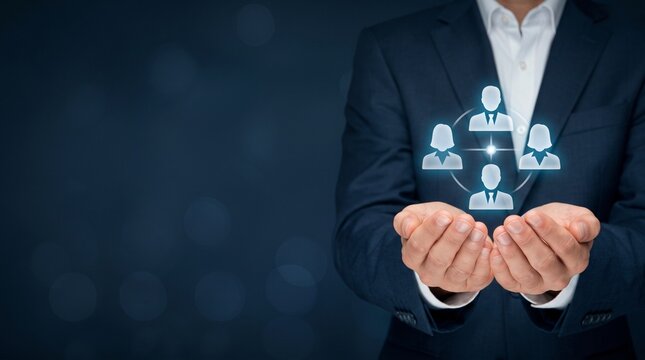 Businessman holding floating human resources and target audience organizational chart icons