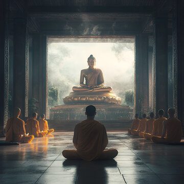 Peaceful meditation setting featuring monks gathered around a grand buddha statue inside a calm temple environment
