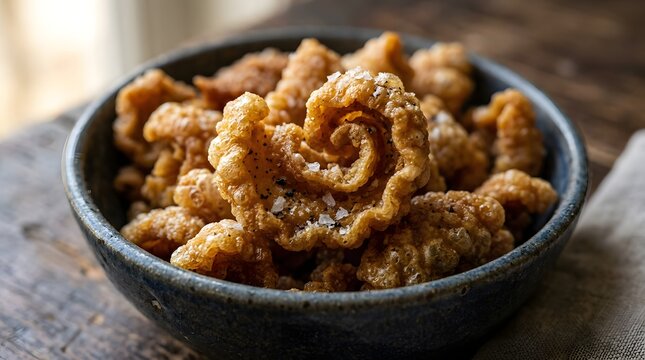 Crispy pork rinds in a bowl with salt sprinkles close up