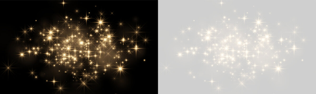 Cluster of soft golden sparkling stars with glowing flares on black and transparent backgrounds on transparent background