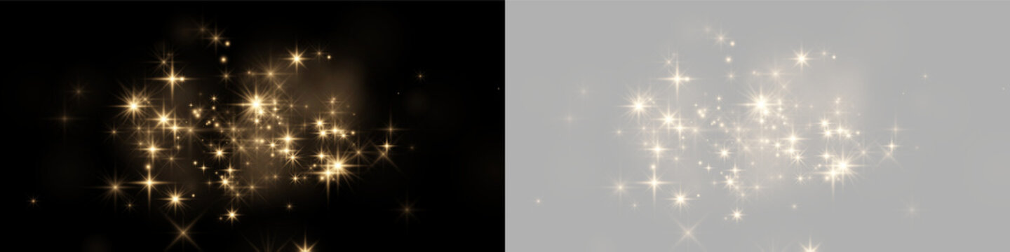 Soft glowing golden sparkles with starburst effects floating against dark and transparent backgrounds on transparent background